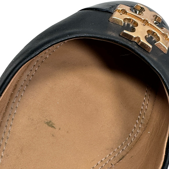 Tory Burch Everly Ballet Flats Women’s 7.5 Black Leather Gold Logo Slip-On Shoes - Picture 9 of 10